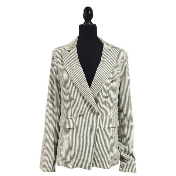 Dolce Cabo White and Blue Pinstripe Blazer with Structured Shoulders Size M - Picture 2 of 9